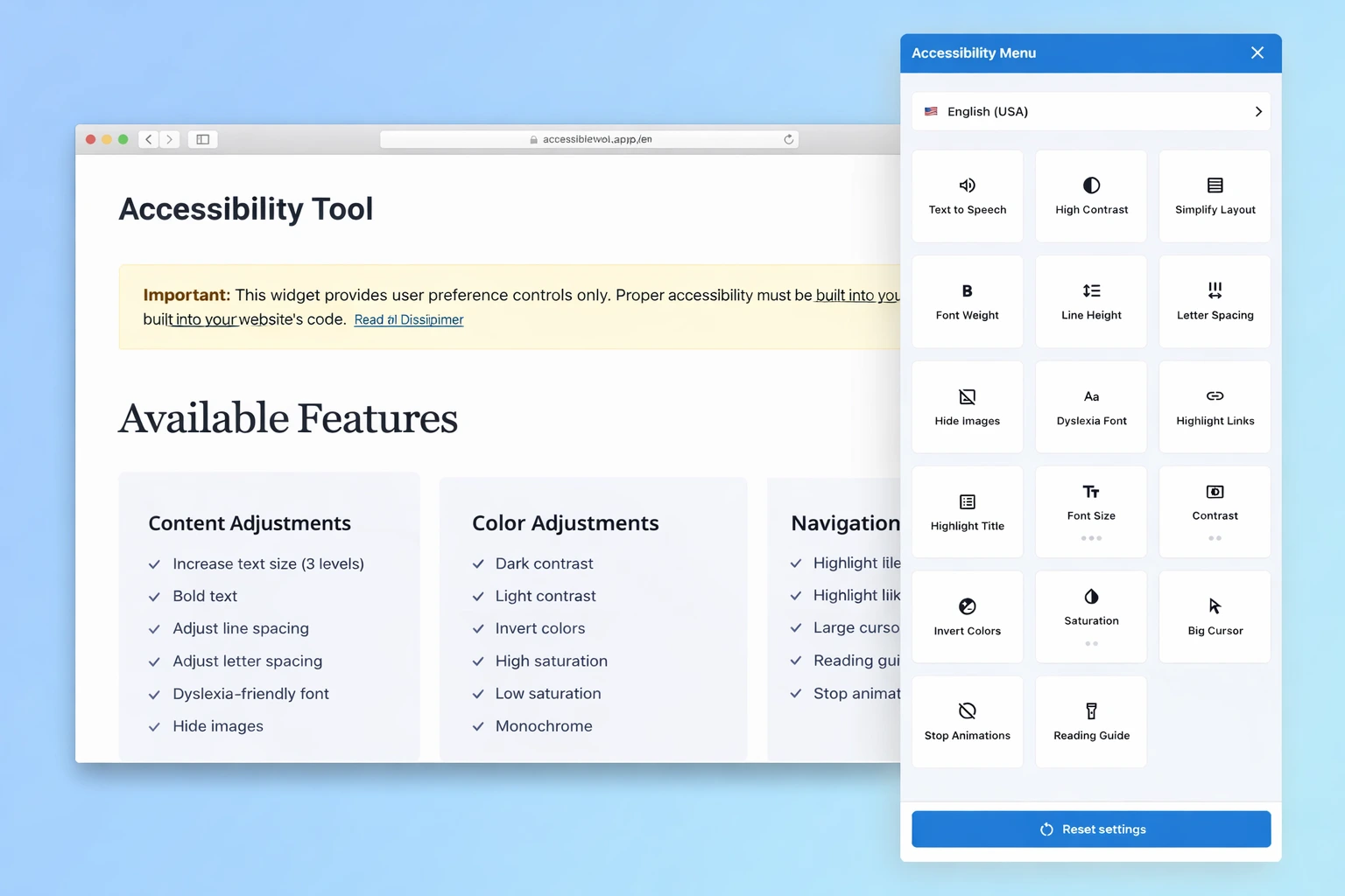 AccessibleWeb Widget preview showing the accessibility menu panel